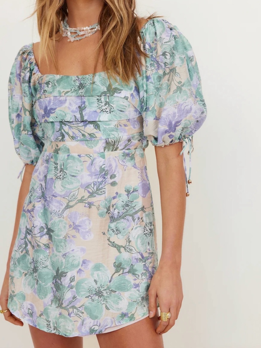 Floral Puff-Sleeve Mini Dress - Mint & Lavender